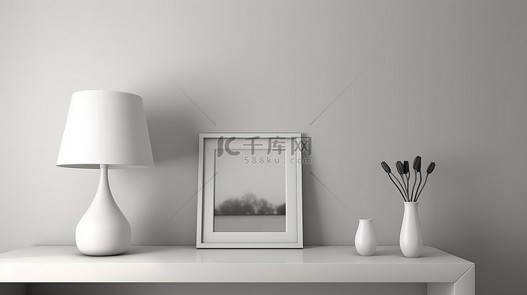现代卧室 3D 渲染中的空画框