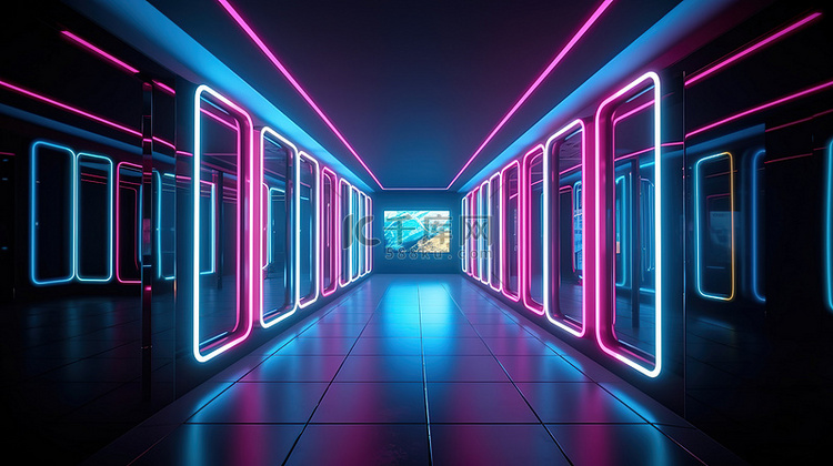 未来主义的抽象房间，走廊以蓝色