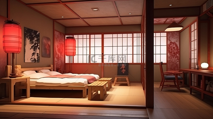 3D 渲染中日本风格的房间设计