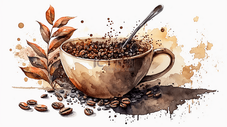 咖啡水彩咖啡杯咖啡豆