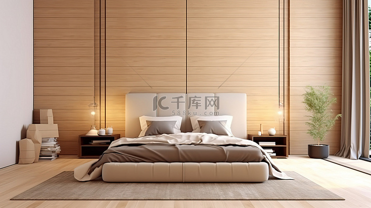 优雅的米色卧室，配有别致的木质