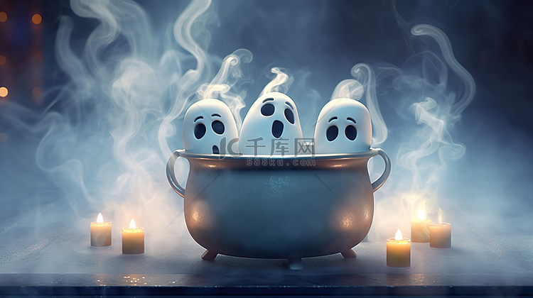 可爱的鬼魂在万圣节主题的大锅中