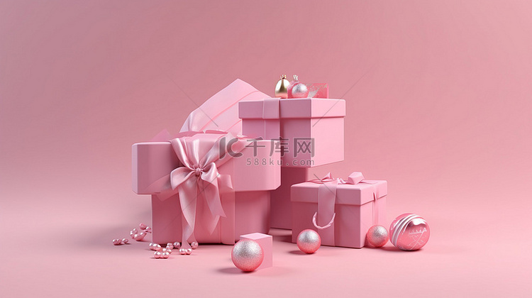 粉红色背景 3d 渲染圣诞节和