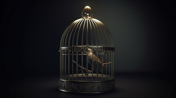 金属鸟笼与鸟的 3D 渲染