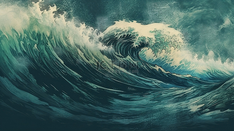 日本海浪的复古风格 3D 插图