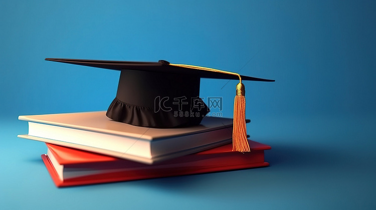 蓝色背景上的毕业帽和文凭的 3