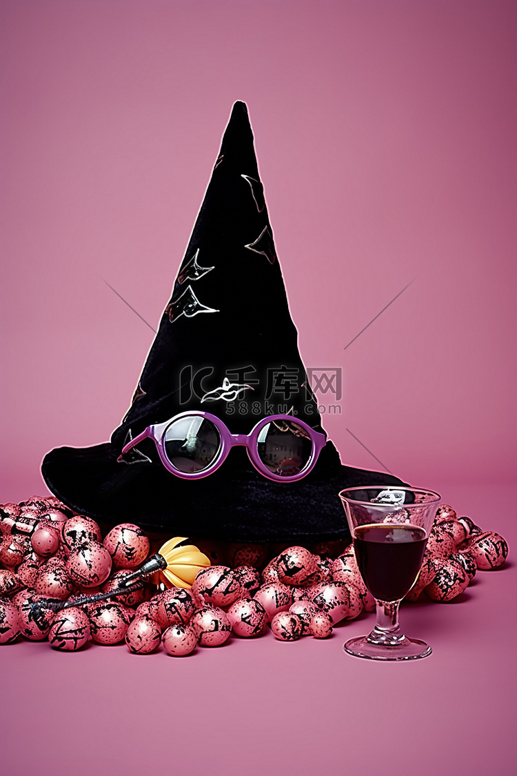 一顶女巫帽眼镜和一碗糖果