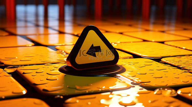 湿地板的亮黄色加密货币警告标志