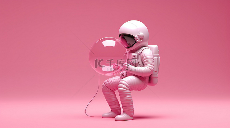 粉红色背景的宇航员抓着粉红色气