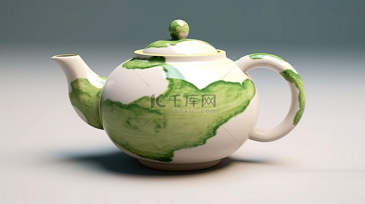 3D 渲染绿色和白色陶瓷茶壶的