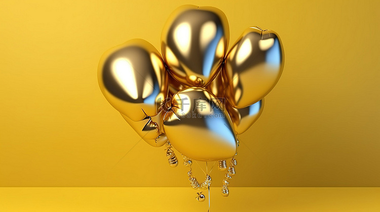 逼真的氦气球 3D 插图金色金