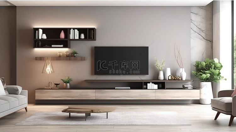 现代客厅配有智能电视柜沙发和 