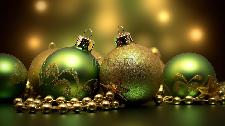 绿色圣诞贺卡上的金色 3d 装饰