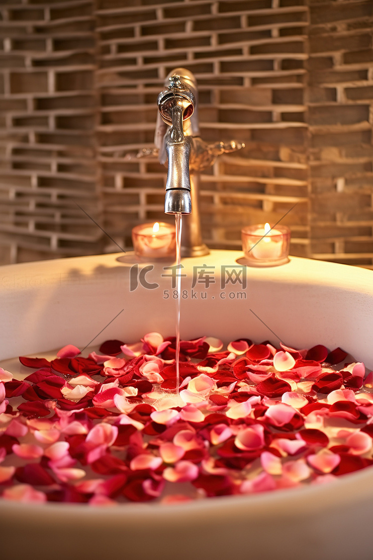 装满玫瑰花瓣的浴室水槽