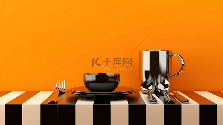 橙色背景增强了 3D 单色餐桌