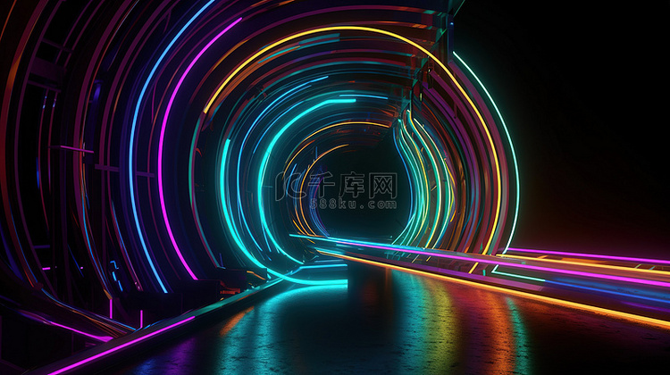 3d 渲染霓虹灯隧道抽象与波​