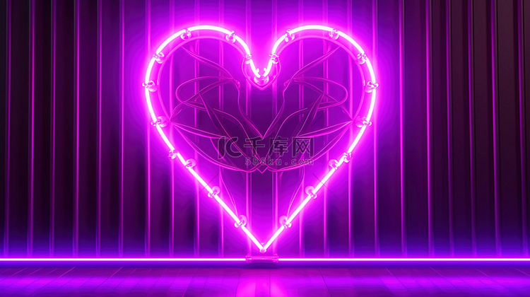 紫色背景下的浪漫霓虹灯 3d 渲染