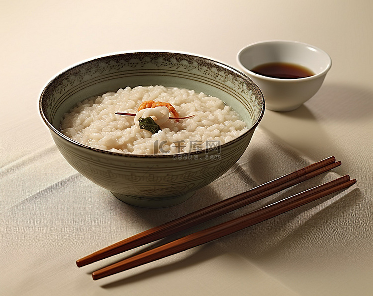 一碗米饭，上面有筷子