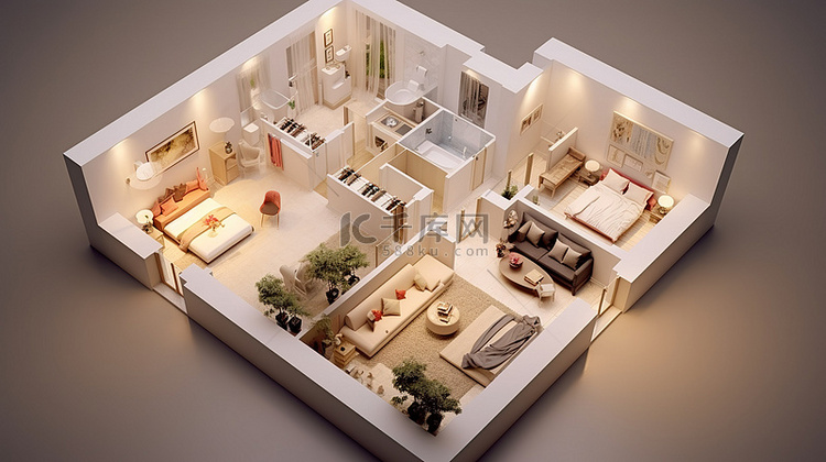 住宅平面图的 3D 渲染
