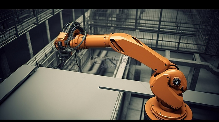 工厂场景，3D 渲染的机械臂，