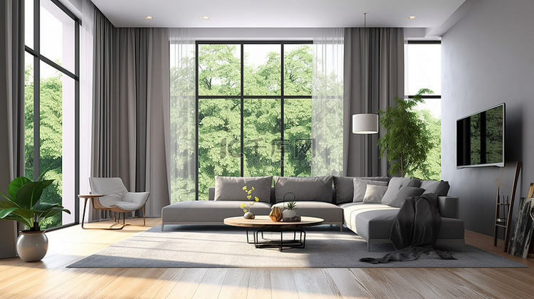 现代生活空间以木质窗框和 3D