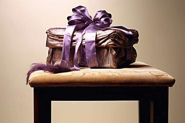 一件家具上放着一个带有紫色丝带