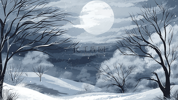 冬天卡通夜晚树林雪景