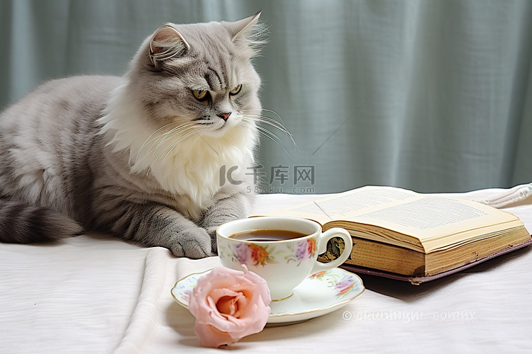 桌子上的猫靠近一杯茶和马卡龙