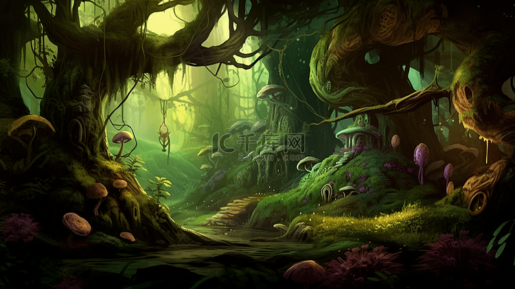 森林树蘑菇神秘背景