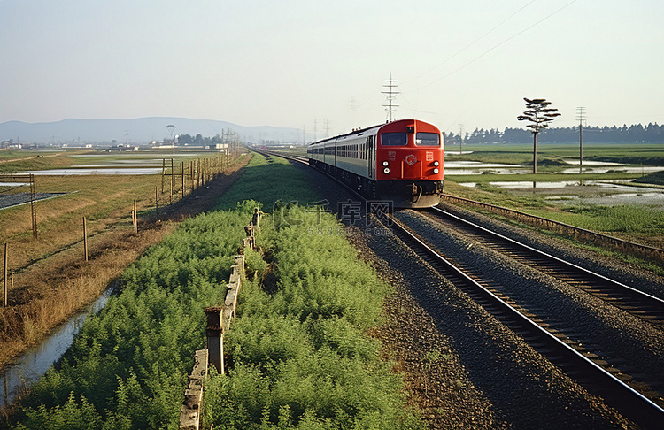 一列红色火车沿着田野附近的轨道