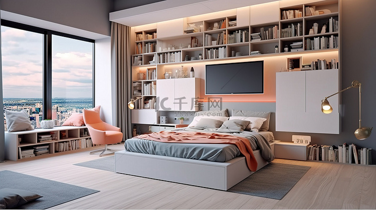 现代风格的宽敞阁楼卧室配有电视