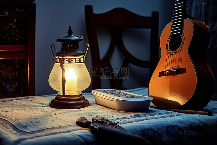 蓝色布和乐器旁边的一盏灯和一个