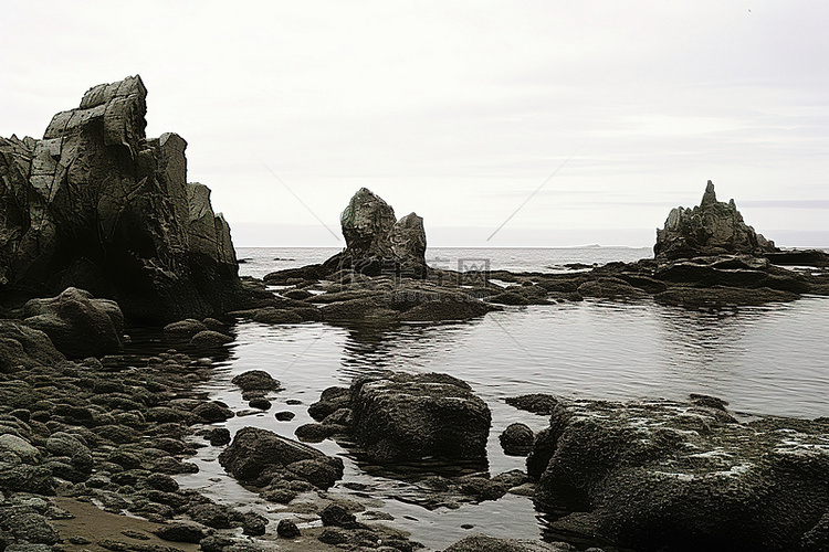 岩石海岸上的大岩石，有水