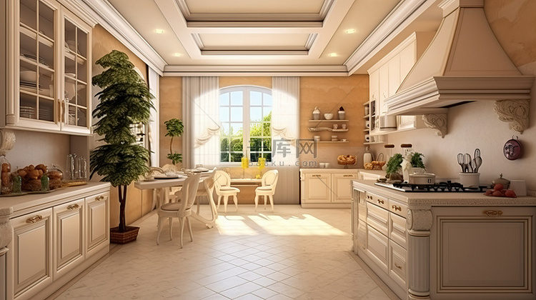 3D 渲染的古典风格米色厨房