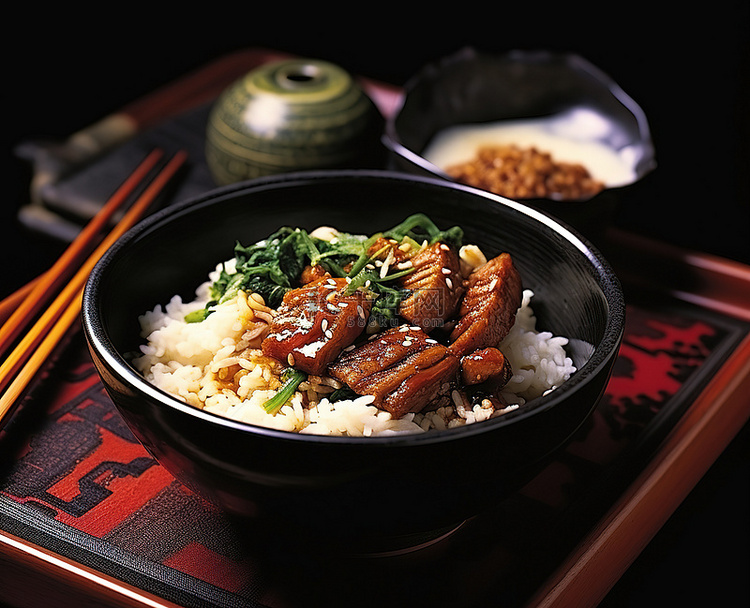 日本碗里的米饭和肉，配泡菜