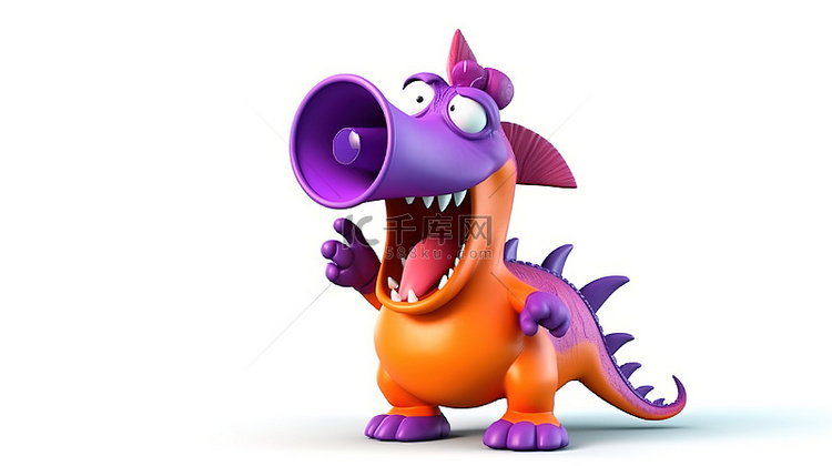 搞笑的 3D 紫色恐龙，手里拿