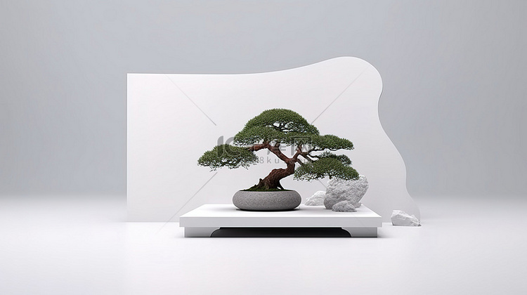 盆景树和日本石讲台的 3D 渲