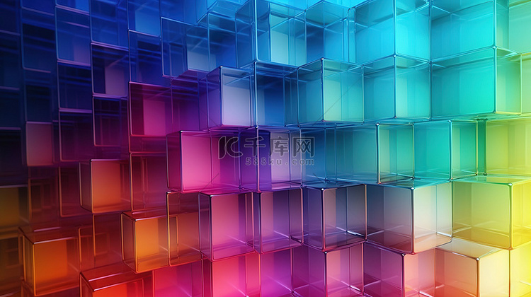 彩虹色立方体以图案排列的透明正