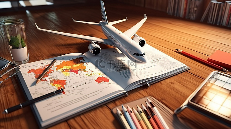 旅行癖计划护照机票和木桌 3D