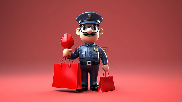 有趣的 3D 卡通警察背着红色