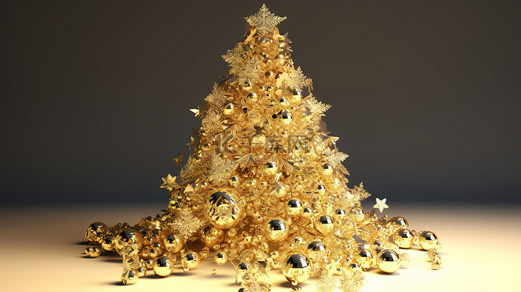 带有华丽装饰的 3D 镀金圣诞树
