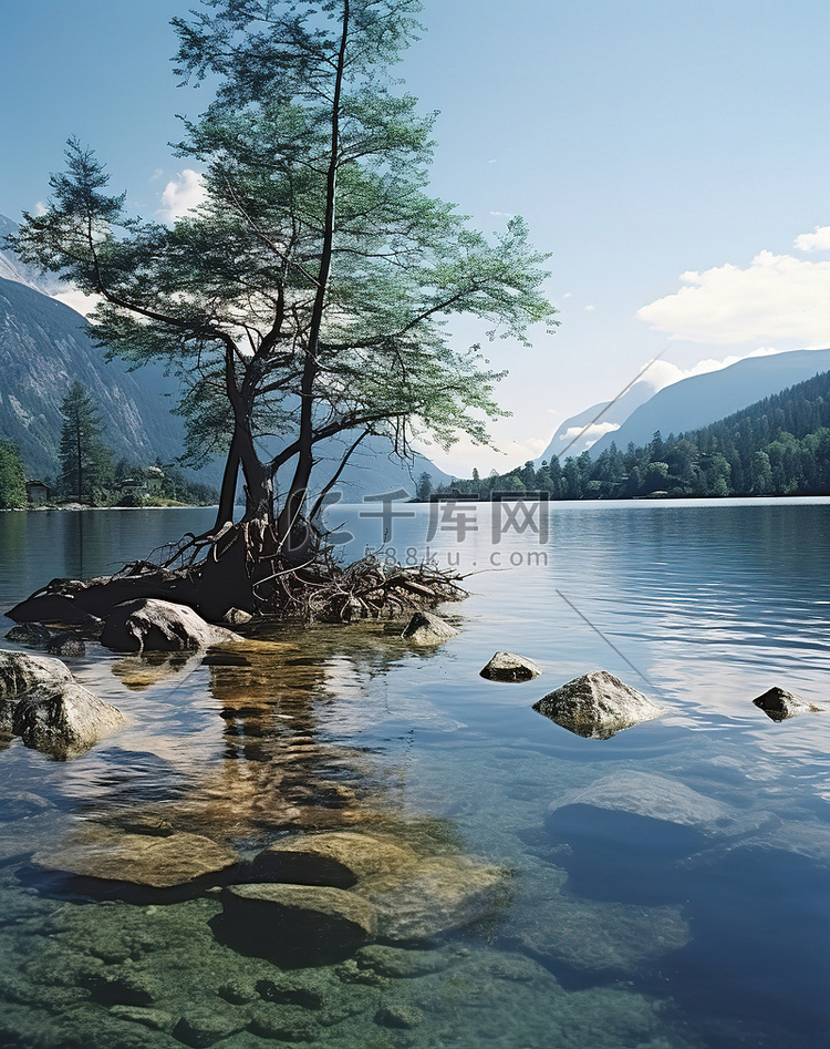 一棵树在湖水清澈的地方