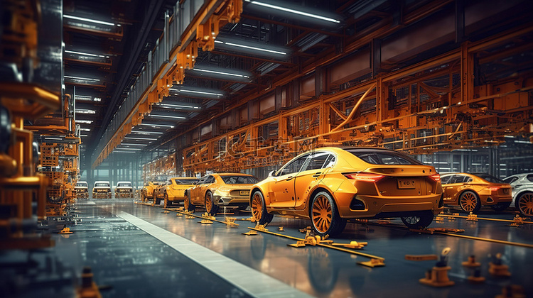自动化汽车工厂的 3D 渲染装
