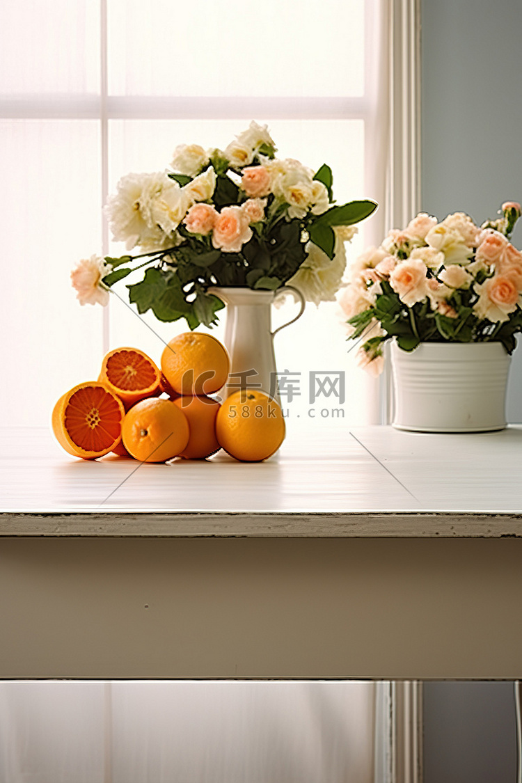 一张白色木桌，上面有橙子花和葡