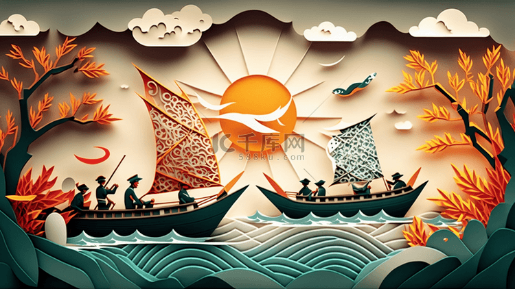 端午节太阳龙船剪纸风格背景