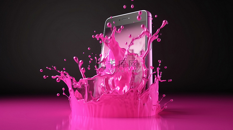 粉红色液体溅到 3D 渲染的智