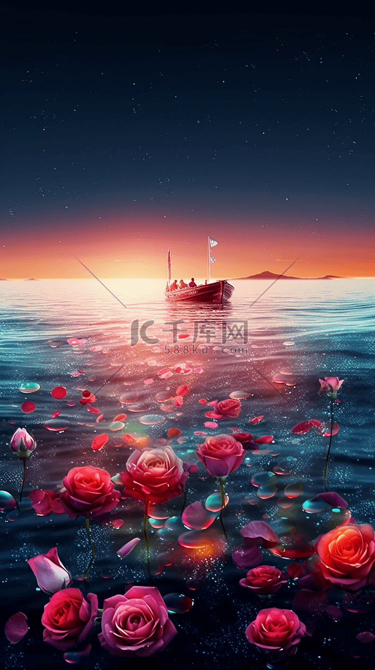 玫瑰花卉海洋小船浪漫梦幻卡通背