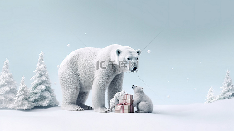 北极熊和鹿为 3D 渲染的圣诞