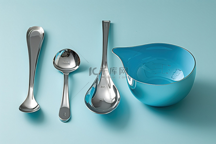 蓝色桌子上的量勺量勺和量壶