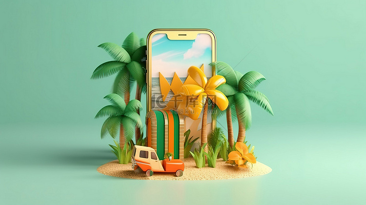 使用智能手机预订暑假的 3D 插图